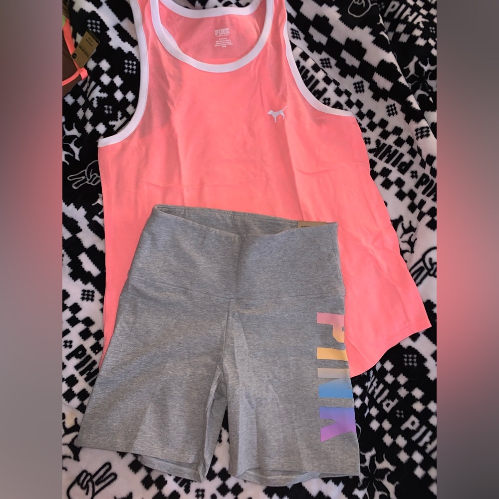 VS Pink 6” Cotton Biker Shorts Rainbow Gradient & Coral Flash Racerback Tank Top